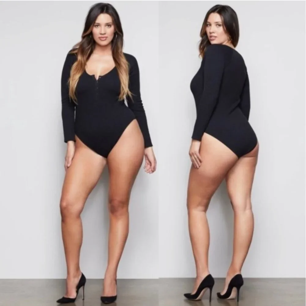 Good American The Feel Good Ribbed Henley Bodysuit Black Size 2XL NEW Sexy